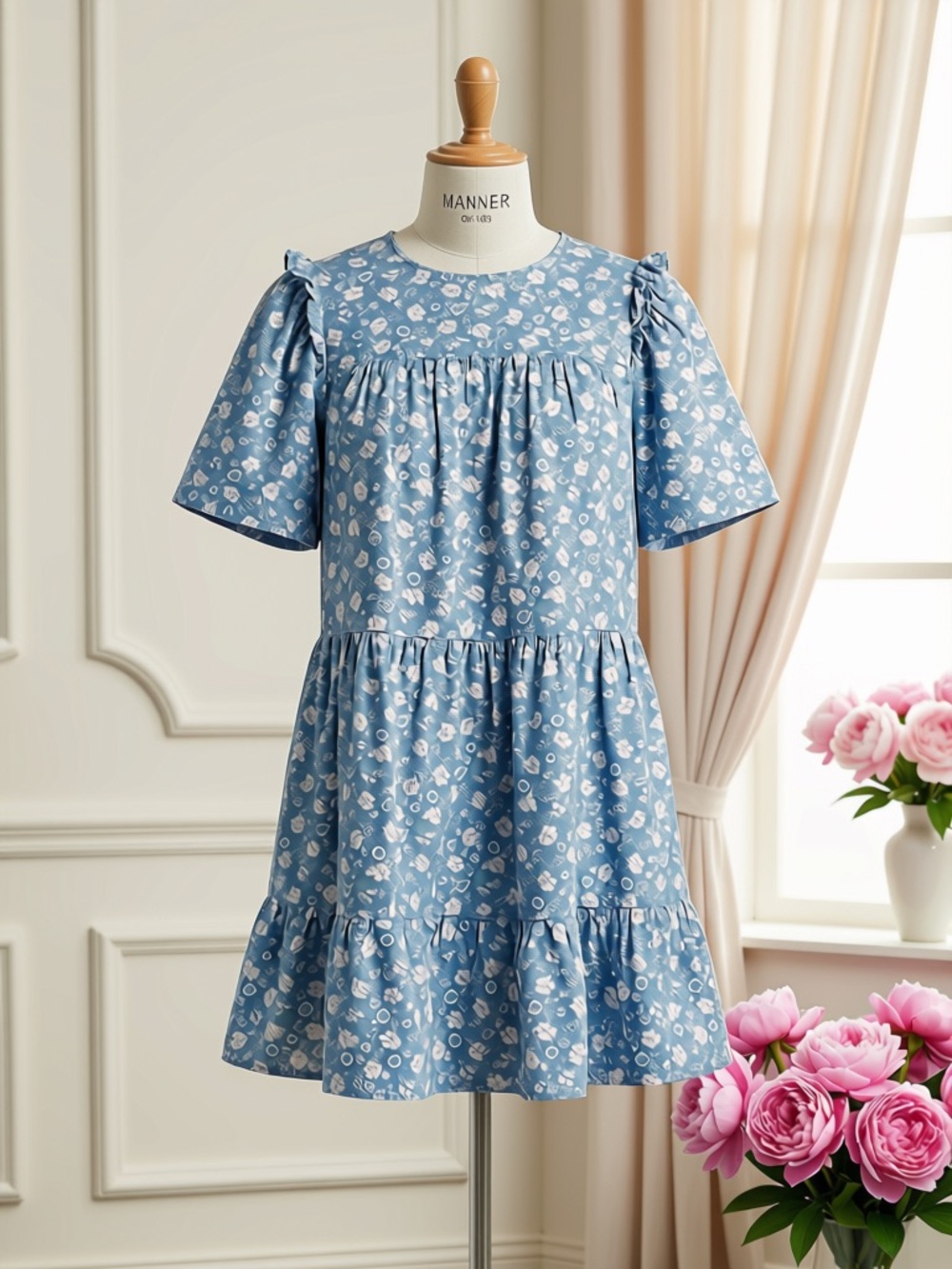 Hyacinth House Light Blue Floral Mini Dress with Flutter Sleeves